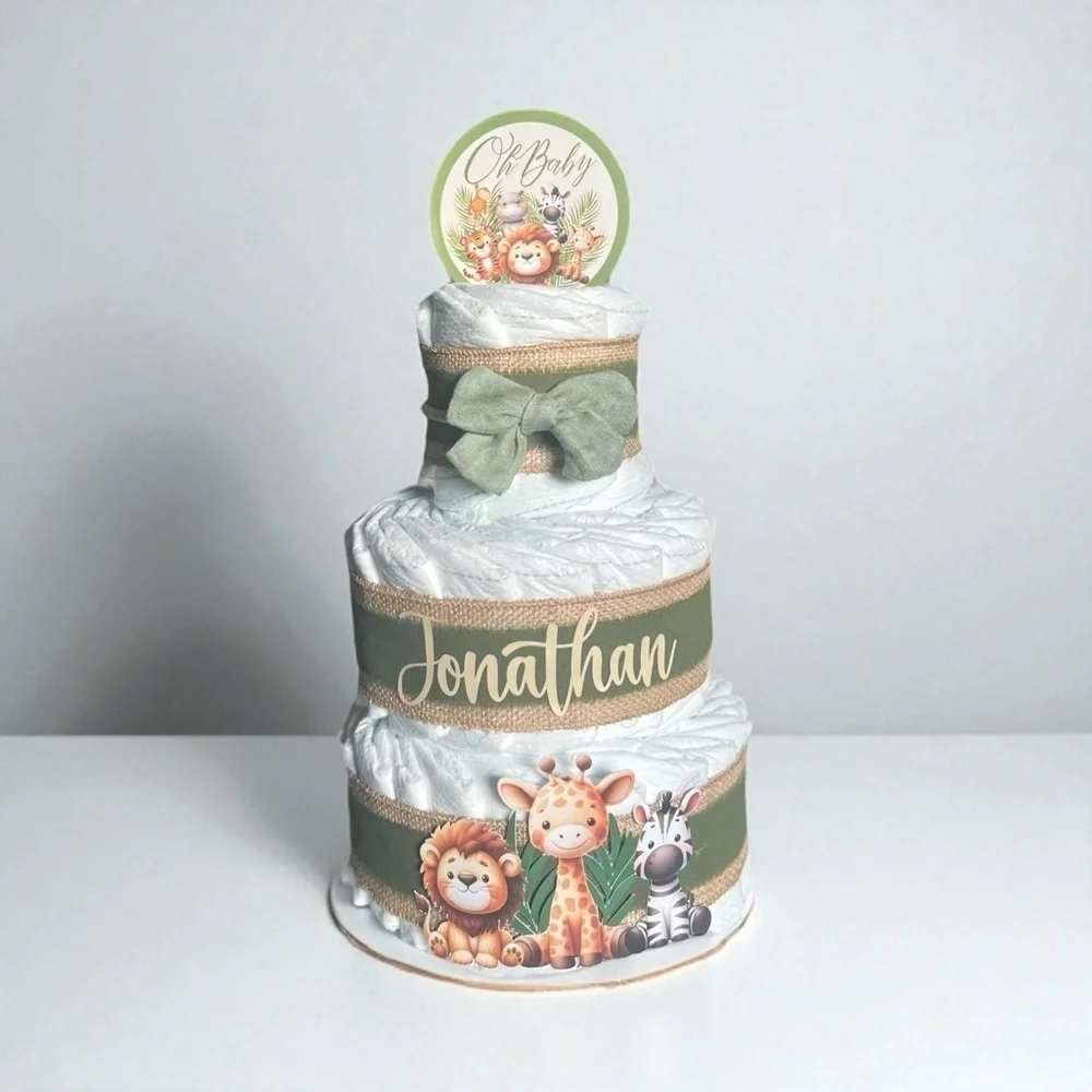 🦁 Personalized Safari Diaper Cake - 3 Tier | Baby Shower Centerpiece 🎁